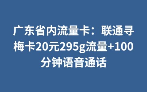 广东省内流量卡：联通寻梅卡20元295g流量+100分钟语音通话