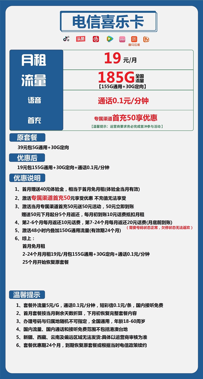 电信喜乐卡怎么样？前两年月租19元/月享185g流量，绕不开真香定律！
