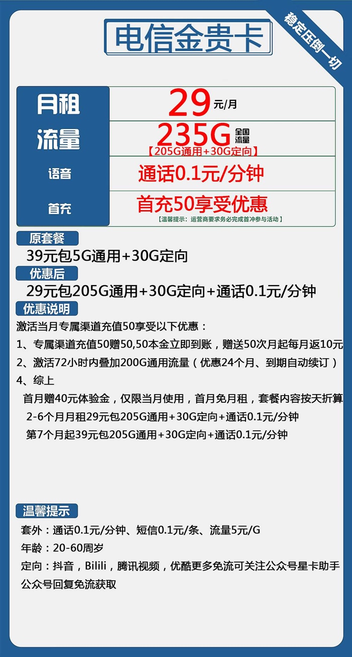 电信金贵卡：月租29元包205GB通用流量+30GB定向流量套餐介绍