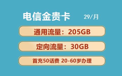 电信金贵卡：月租29元包205GB通用流量+30GB定向流量套餐介绍