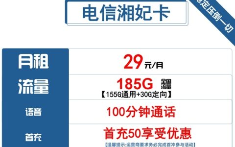 电信29元流量卡：185g流量+100分钟语音通话套餐介绍