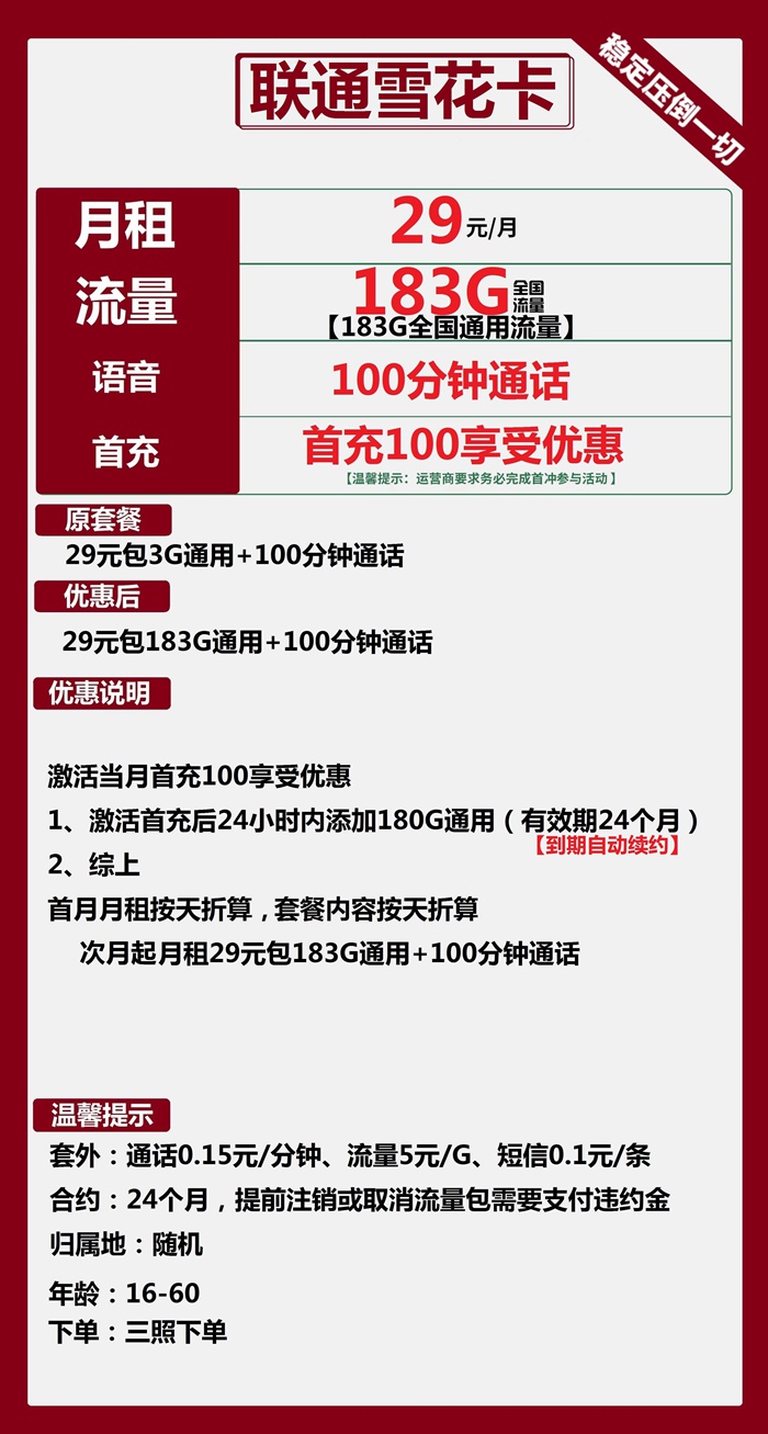 联通什么套餐流量多又便宜？联通雪花卡29元183GB通用流量+100分钟通话
