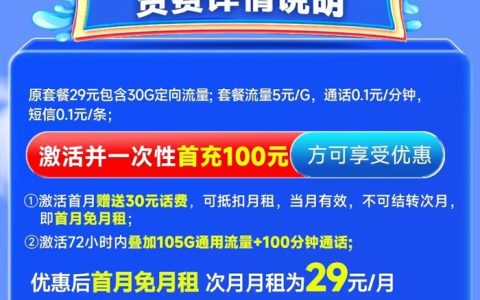 电信夏至卡：月租29元包135GB通用流量+100分钟语音通话套餐介绍+长期套餐