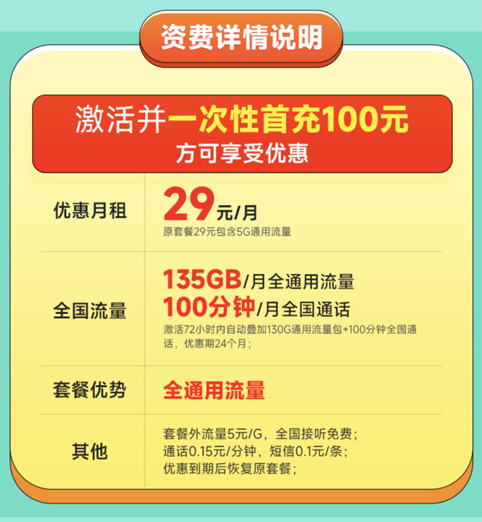 联通拾光卡：月租29元包135GB通用流量+100分钟语音通话套餐介绍