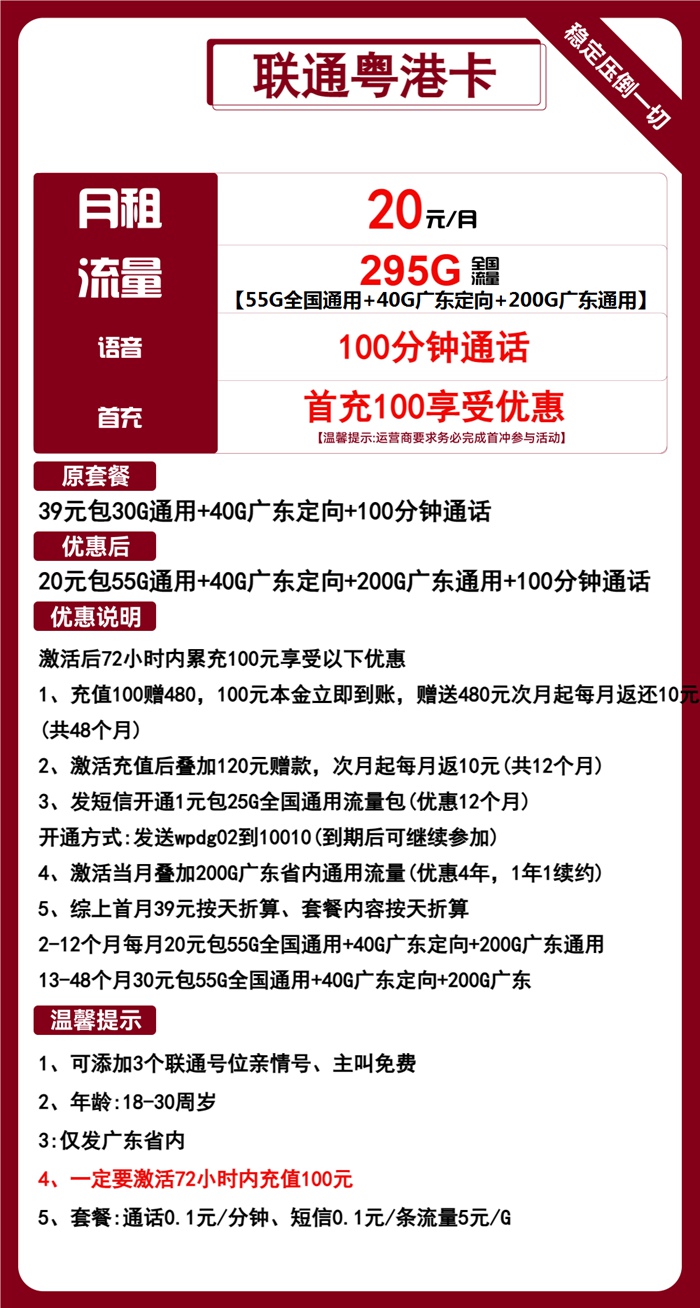 联通粤港卡：月租20元包295GB流量+100分钟语音通话+仅限广东省内用户办理