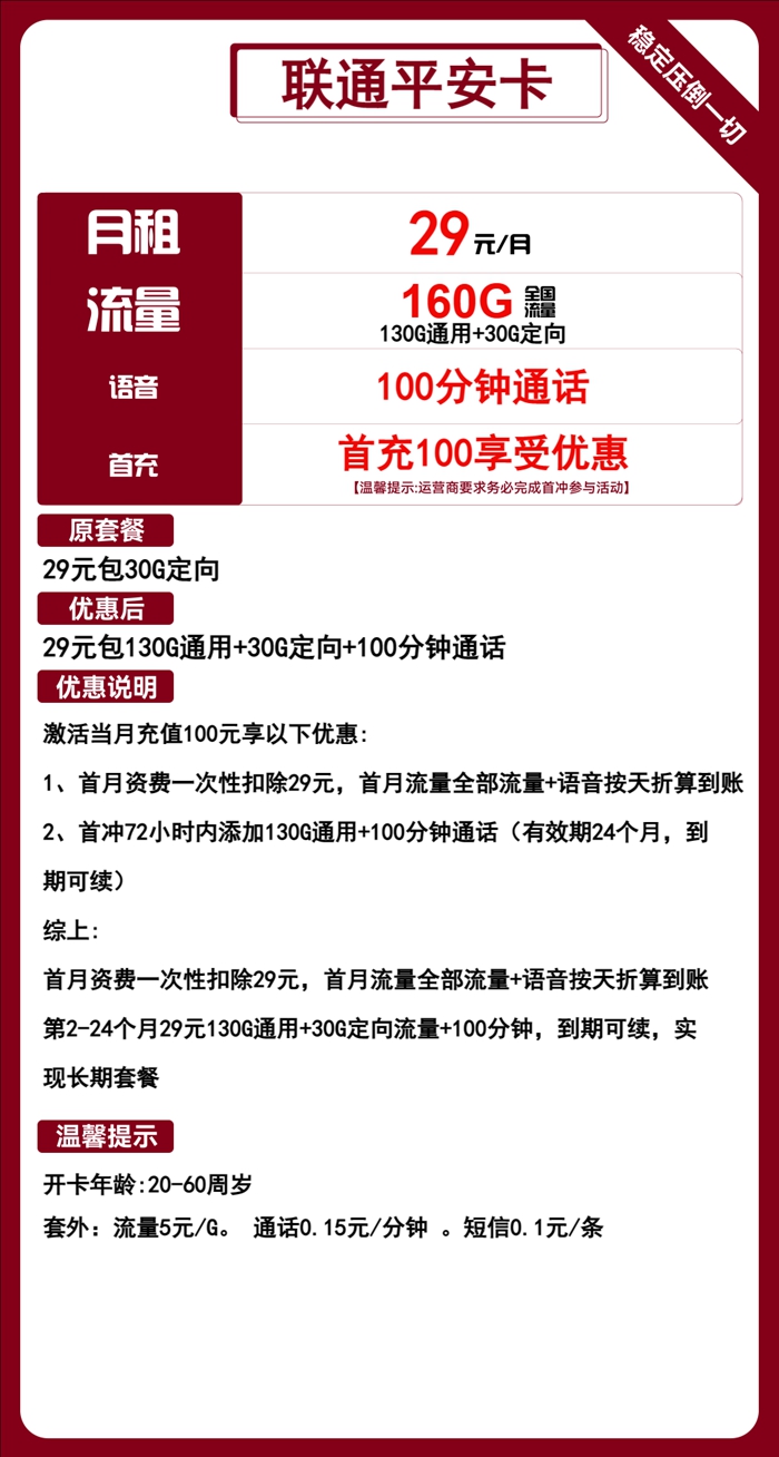 联通平安卡：月租29元包130GB通用流量+30GB定向流量+100分钟语音通话套餐介绍