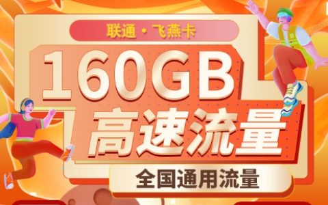 联通飞燕卡：月租29元包160GB流量+100分钟通话+长期套餐