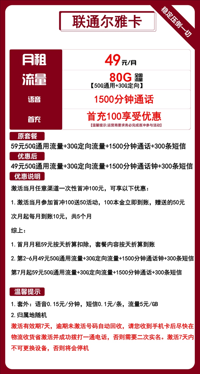 联通尔雅卡：月租49元包80GB流量+1500分钟语音通话+300条短信套餐介绍