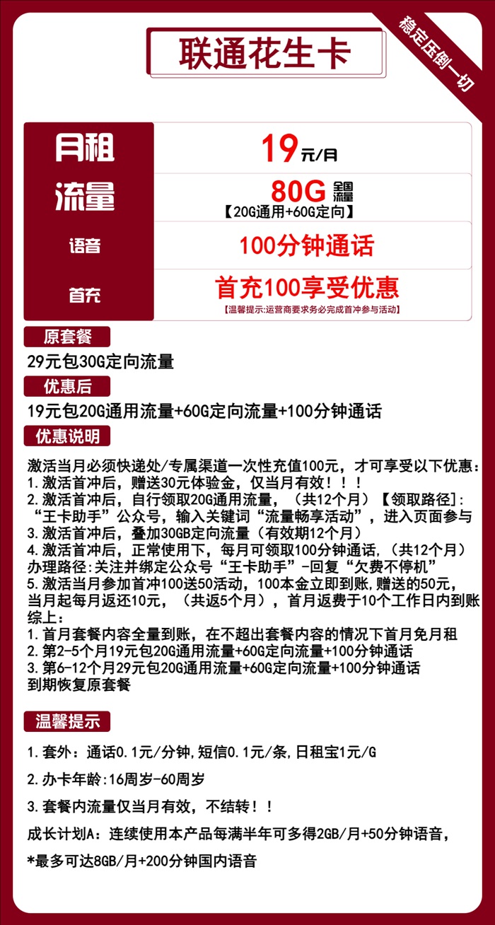 联通花生卡：月租19元包80GB流量+100分钟语音通话套餐介绍