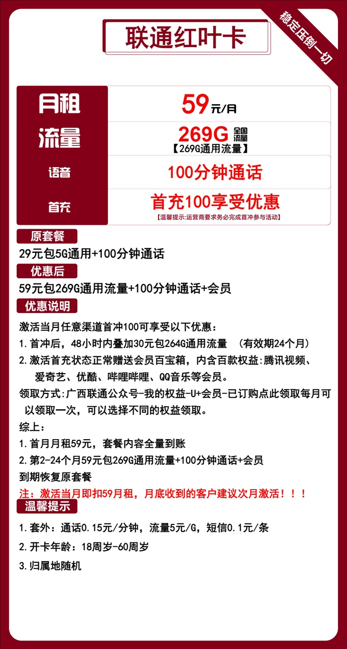 联通红叶卡59元包269GB通用流量+100分钟语音通话（2024年10月联通流量卡办理入口）