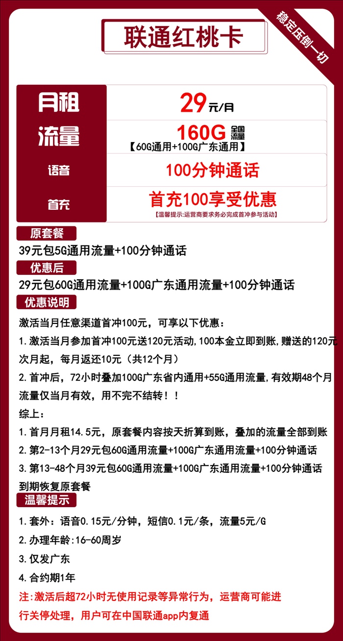 联通红桃卡29元包160GB流量+100分钟通话（广东联通流量卡申请入口）