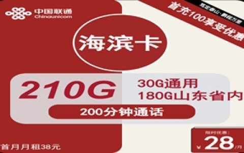 联通海滨卡月租28元包210GB全国流量+200分钟通话（中国联通流量卡官方办理入口）