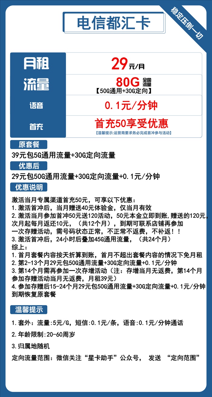 电信都汇卡：月租29元包80GB全国流量（电信流量卡套餐介绍）