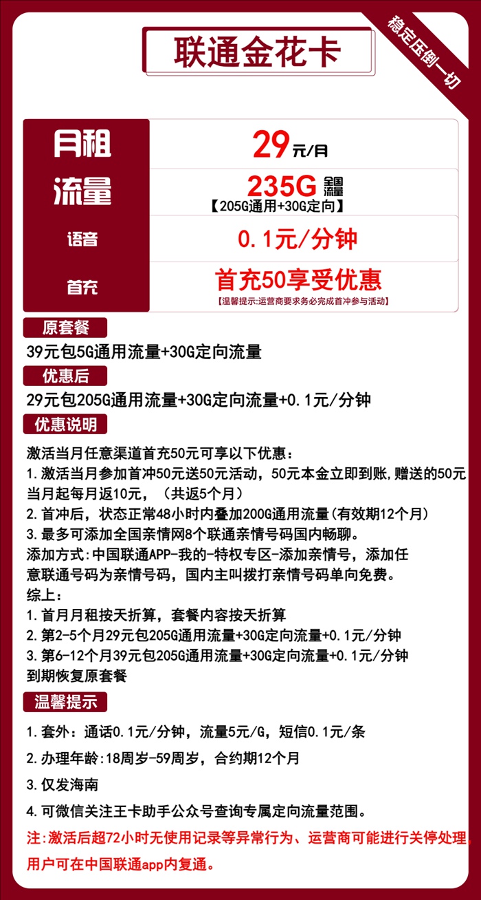 联通金花卡：月租29元包235GB全国流量（海南联通流量卡办理入口）
