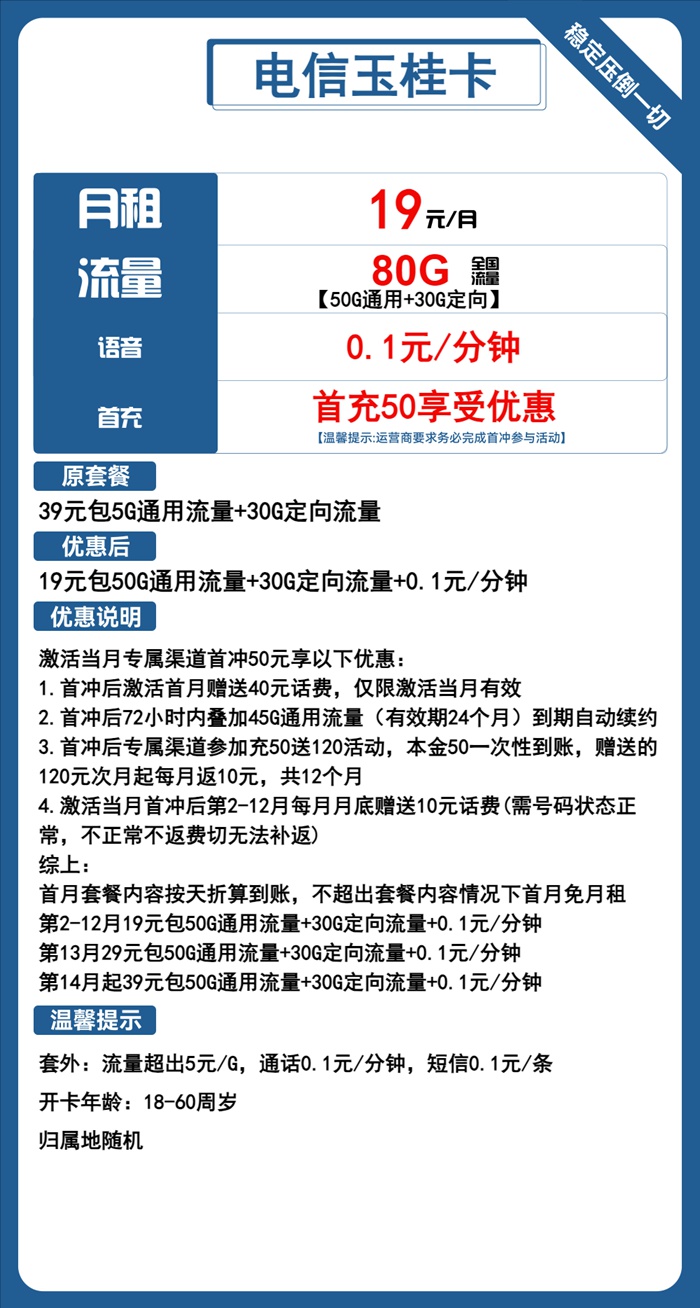 电信玉桂卡：月租19元包80GB全国流量（电信网上办理手机卡入口）