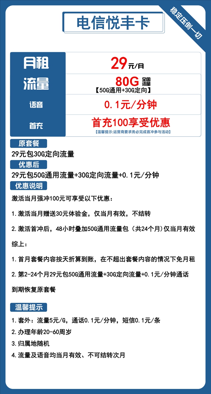 电信悦丰卡：月租29元包80GB全国流量（电信流量卡免费领取入口）