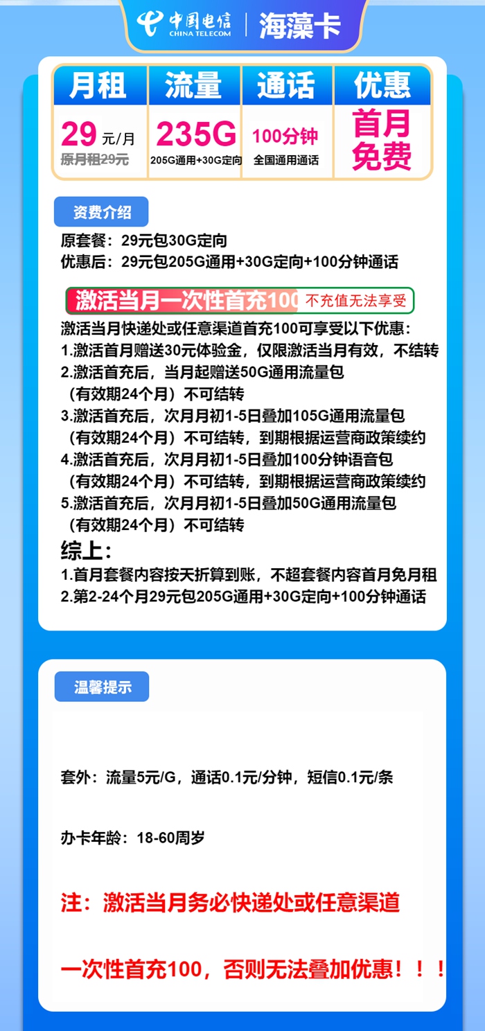【2025特惠】电信海藻卡套餐：29元享235G全国流量+100分钟通话！首月0元体验