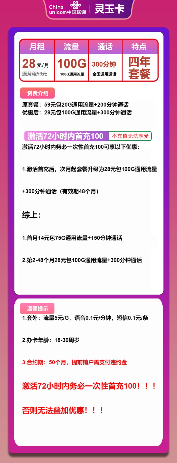 流量语音王炸组合！联通灵玉卡月租28元享100GB通用+300分钟，4年套餐闭眼入