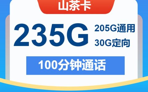 电信山茶卡：月租19元包235GB流量+100分钟语音通话