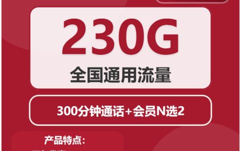 联通山水卡：月租29元包230GB通用流量+300分钟语音通话+4年优惠