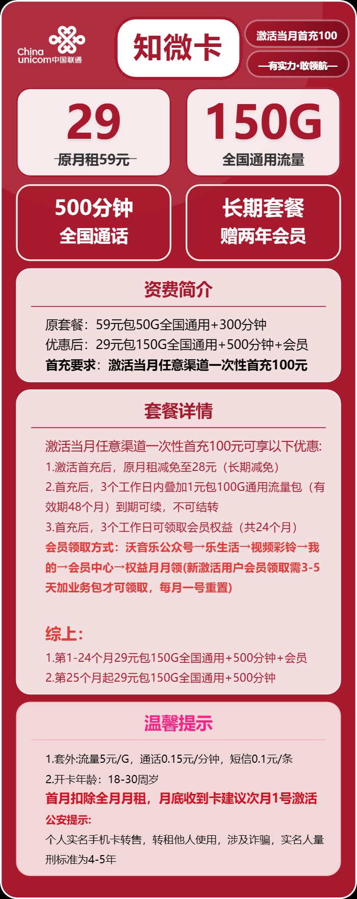 联通知微卡：月租29元包150GB通用流量+500分钟语音通话+长期套餐