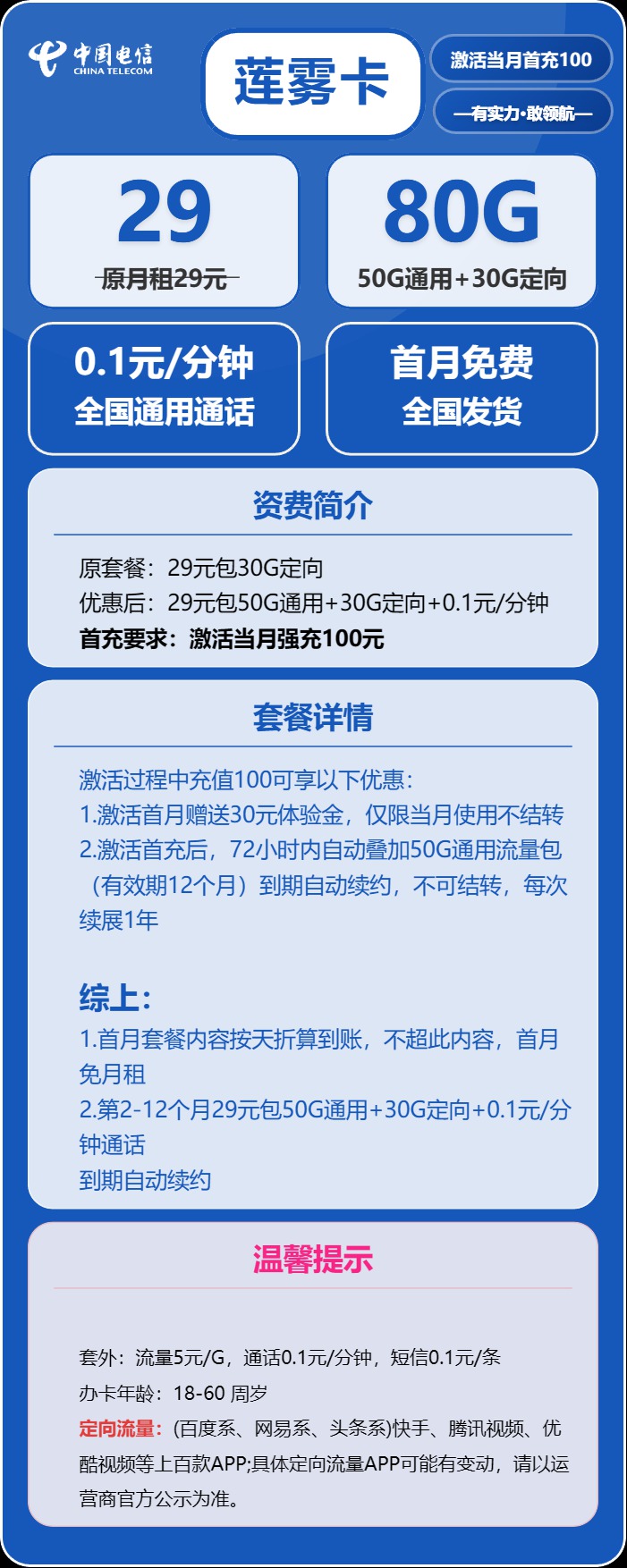 电信莲雾卡：月租29元包80GB全国流量+长期套餐