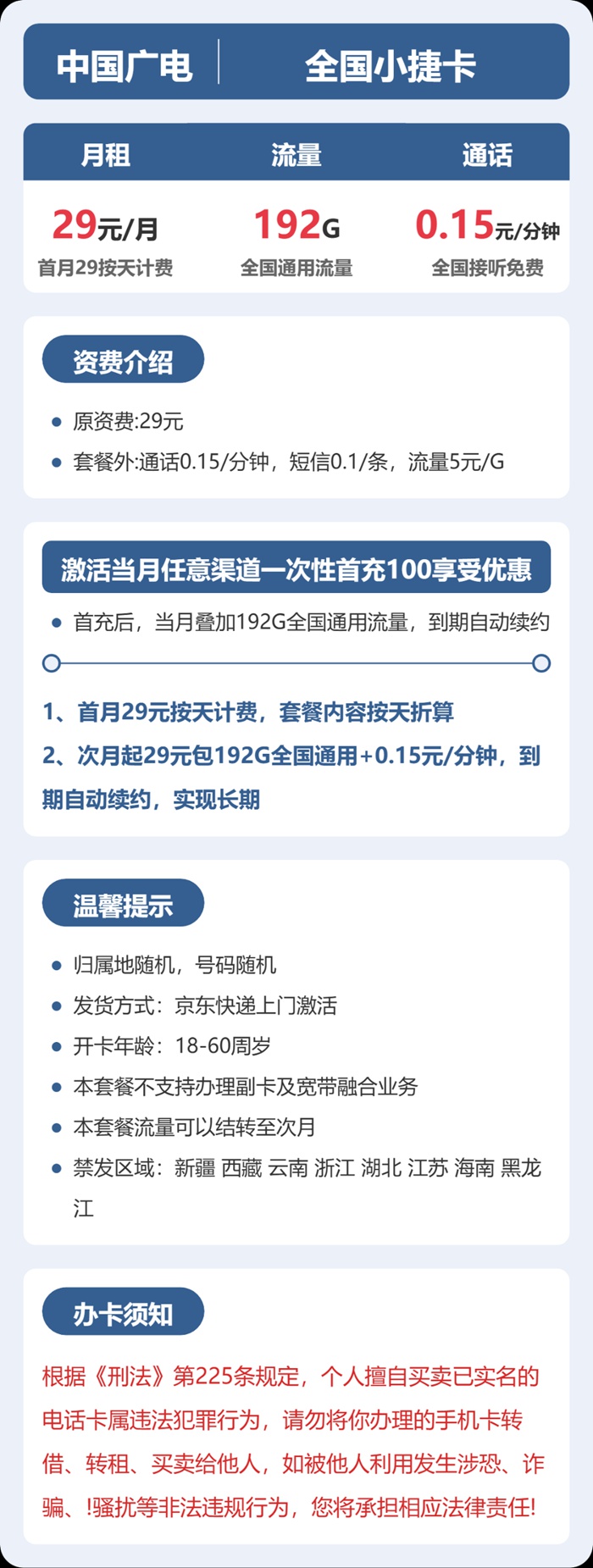 广电小捷卡：月租29元包192GB全国通用流量+0.15元/分钟通话